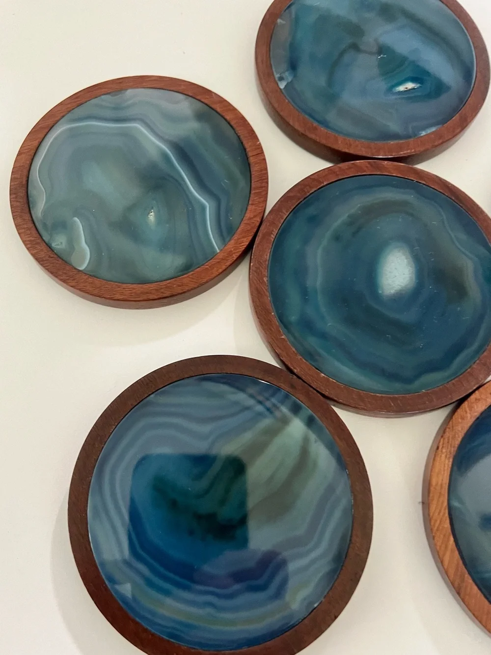 Vintage Brazilian Rosewood and blue agate slice coaster set of six with caddy.